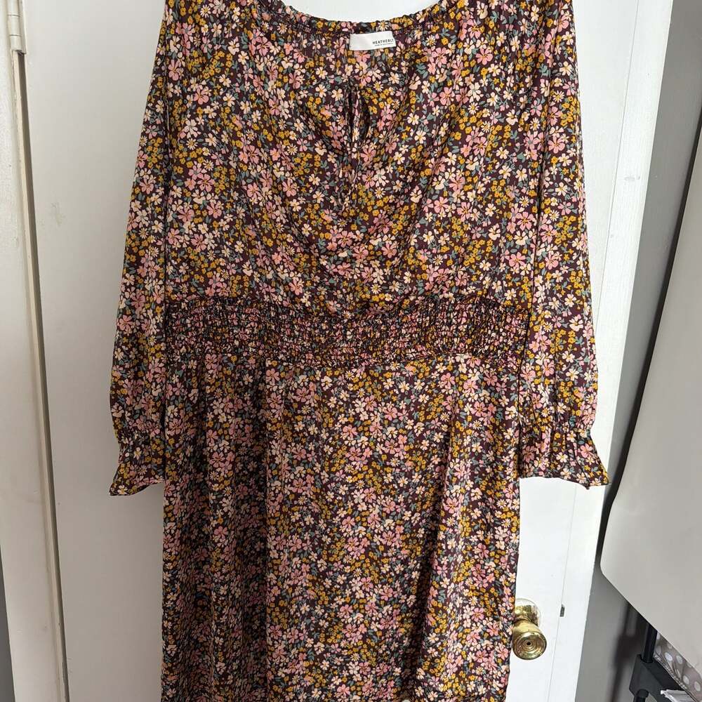 Heatherly Microfloral Dress Silky Feel Burgundy Puff Sleeve Boat Neck size 2XL